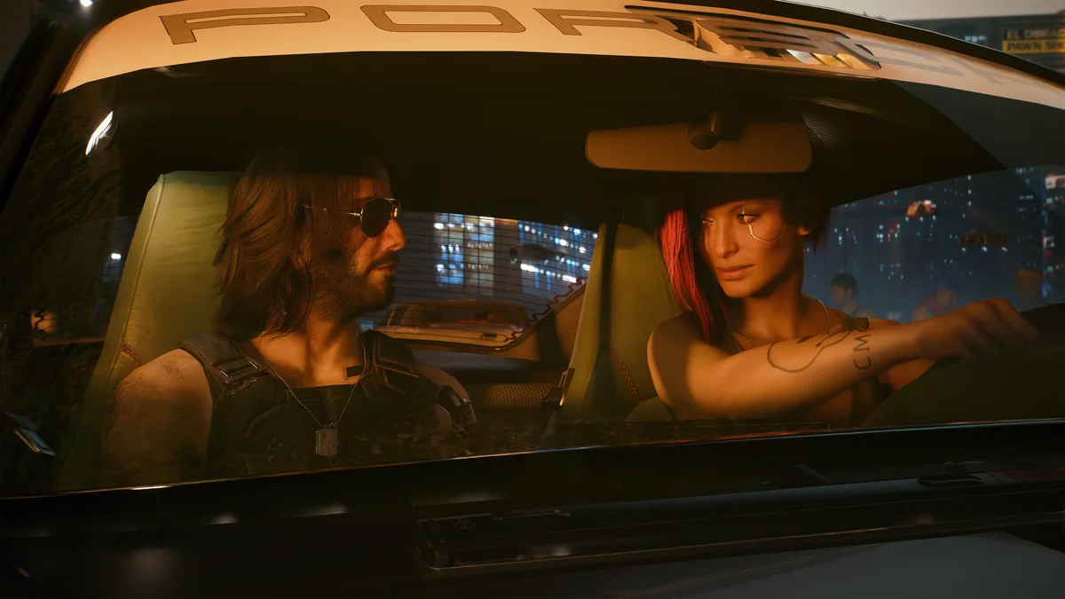 Johnny Silverhand und V im Porsche 911 — eine der ikonischsten Szenen in Cyberpunk 2077