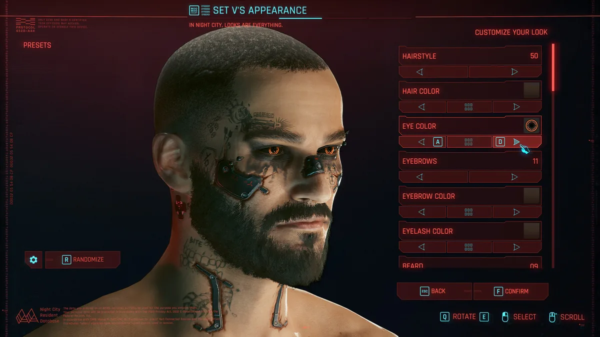 Cyberpunk-2077-Charaktererstellung — passe Vs Aussehen an: Frisur, Cyberware und Tätowierungen