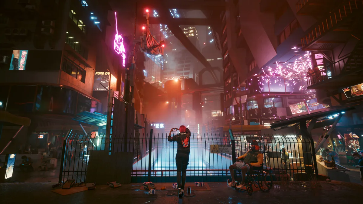 Neonbeleuchtete Straßen von Night City — die riesige Megacity, in der Cyberpunk 2077 spielt